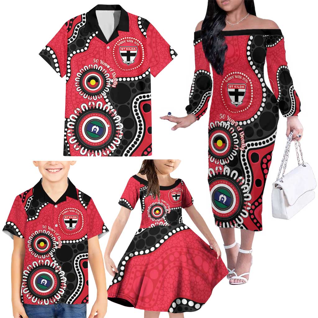St Kilda NAIDOC 2026 Personalised Family Matching Off The Shoulder Long Sleeve Dress and Hawaiian Shirt 50 Years of Deadly Aboriginal Art