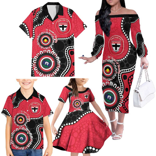 St Kilda NAIDOC 2026 Personalised Family Matching Off The Shoulder Long Sleeve Dress and Hawaiian Shirt 50 Years of Deadly Aboriginal Art