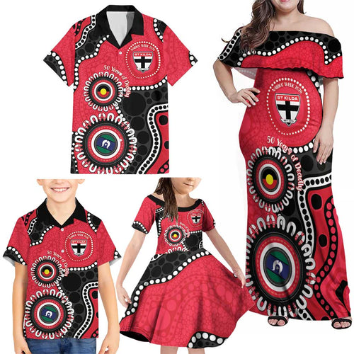 St Kilda NAIDOC 2026 Personalised Family Matching Off Shoulder Maxi Dress and Hawaiian Shirt 50 Years of Deadly Aboriginal Art