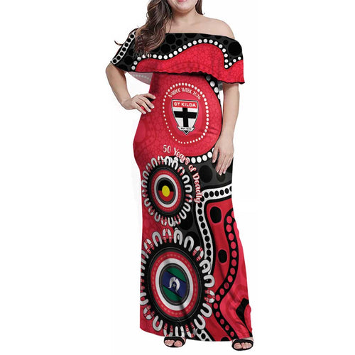 St Kilda NAIDOC 2026 Personalised Family Matching Off Shoulder Maxi Dress and Hawaiian Shirt 50 Years of Deadly Aboriginal Art