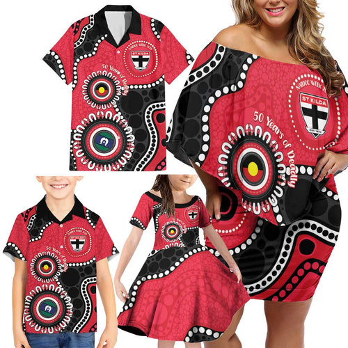 St Kilda NAIDOC 2026 Personalised Family Matching Off Shoulder Short Dress and Hawaiian Shirt 50 Years of Deadly Aboriginal Art