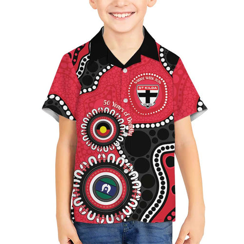 St Kilda NAIDOC 2026 Personalised Family Matching Off Shoulder Short Dress and Hawaiian Shirt 50 Years of Deadly Aboriginal Art