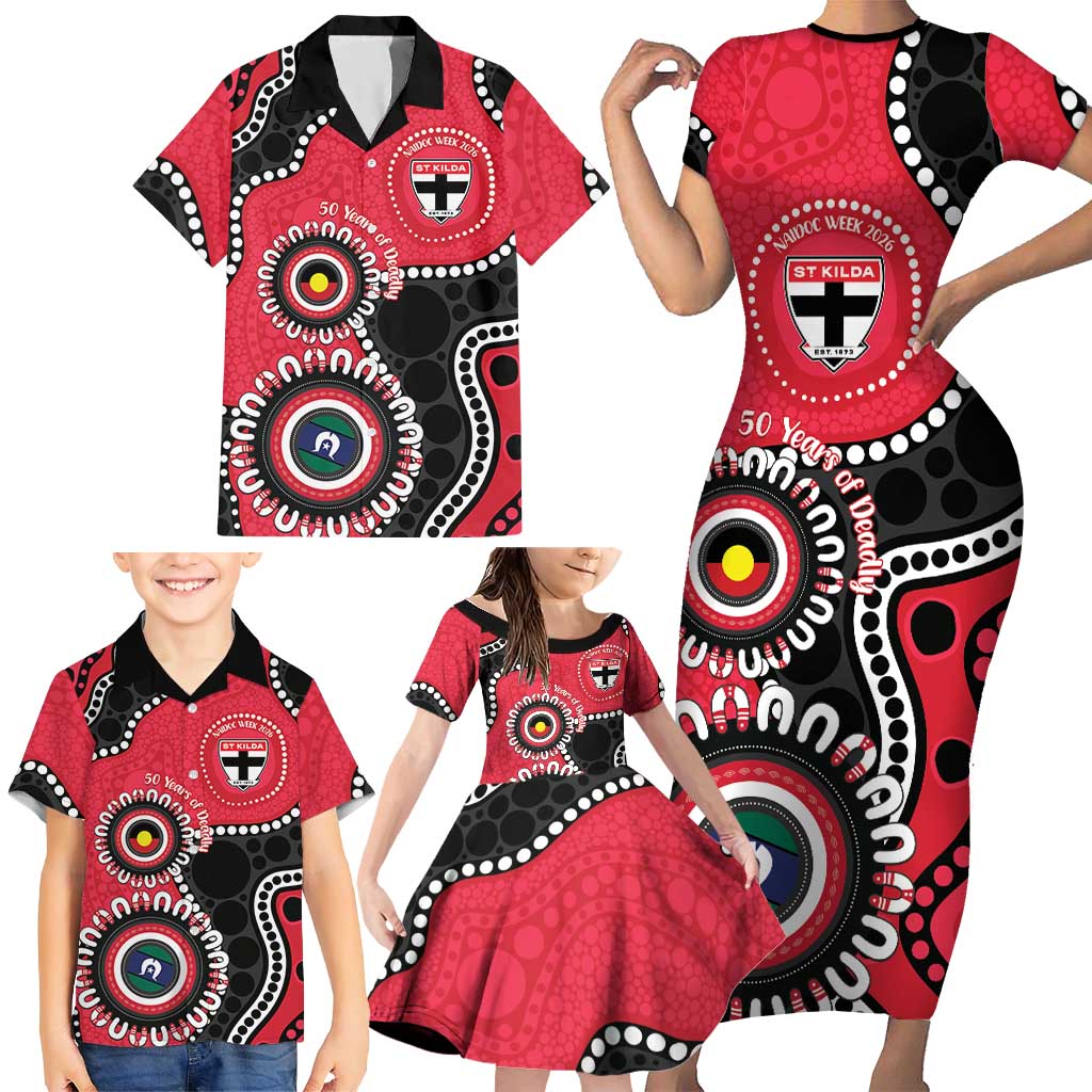 St Kilda NAIDOC 2026 Personalised Family Matching Short Sleeve Bodycon Dress and Hawaiian Shirt 50 Years of Deadly Aboriginal Art