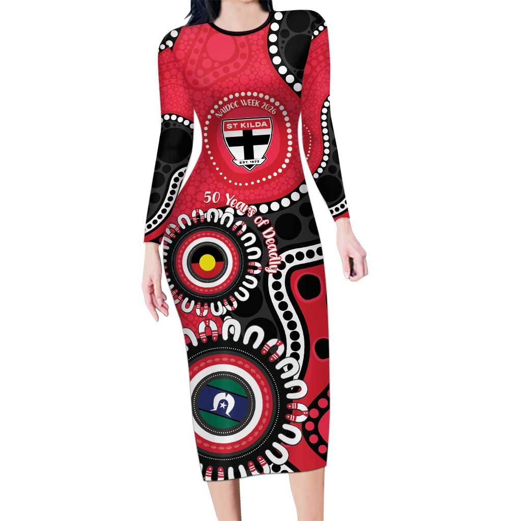 St Kilda NAIDOC 2026 Personalised Long Sleeve Bodycon Dress 50 Years of Deadly Aboriginal Art