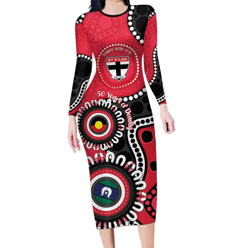 St Kilda NAIDOC 2026 Personalised Long Sleeve Bodycon Dress 50 Years of Deadly Aboriginal Art