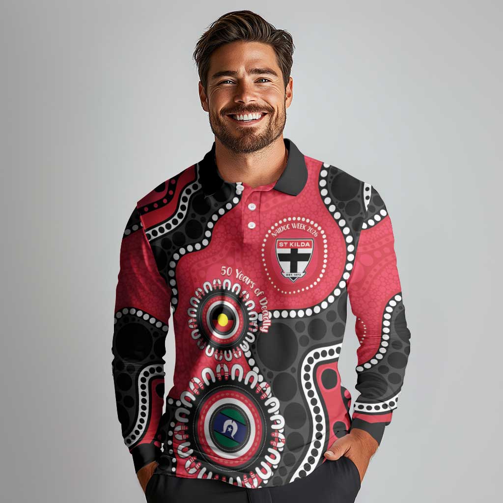 St Kilda NAIDOC 2026 Personalised Long Sleeve Polo Shirt 50 Years of Deadly Aboriginal Art