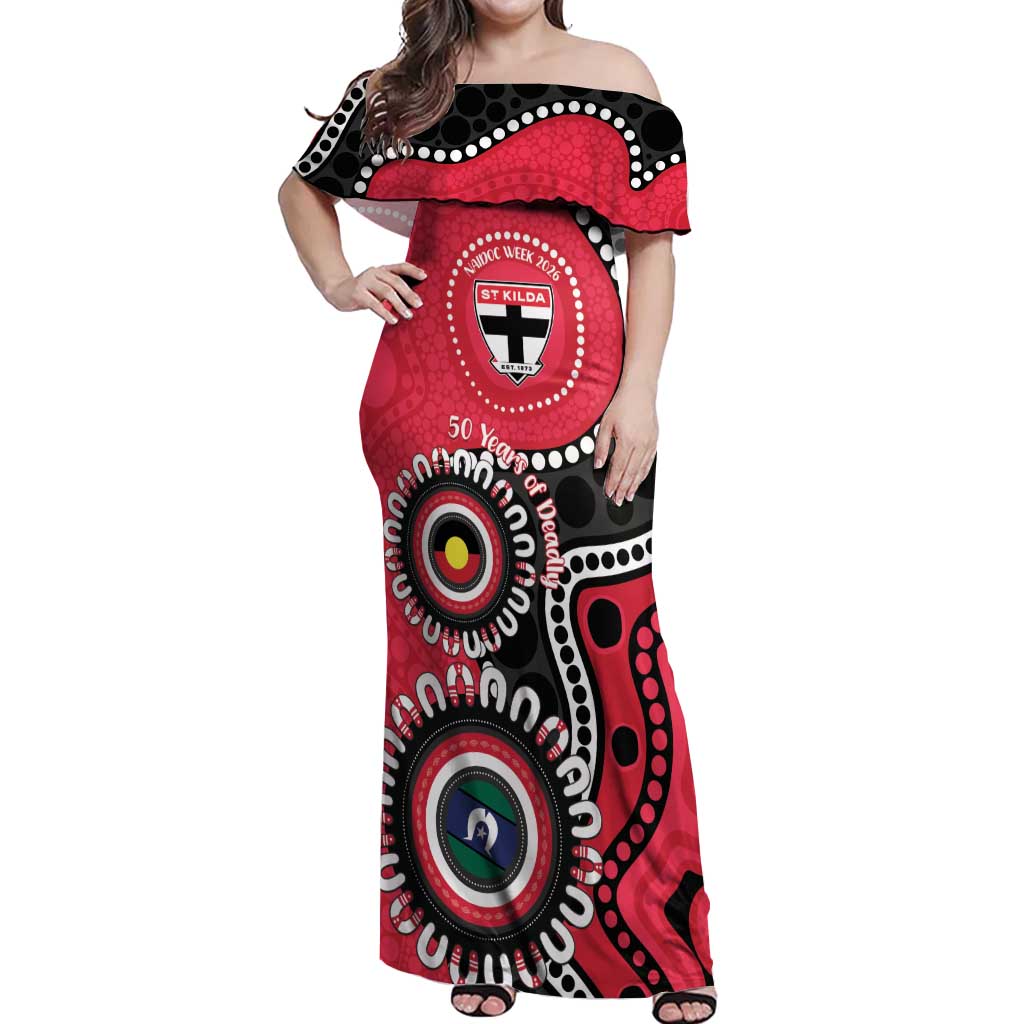 St Kilda NAIDOC 2026 Personalised Off Shoulder Maxi Dress 50 Years of Deadly Aboriginal Art