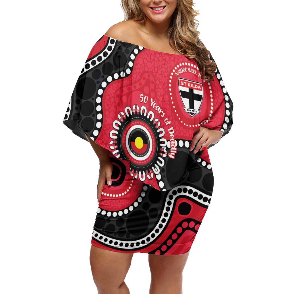 St Kilda NAIDOC 2026 Personalised Off Shoulder Short Dress 50 Years of Deadly Aboriginal Art