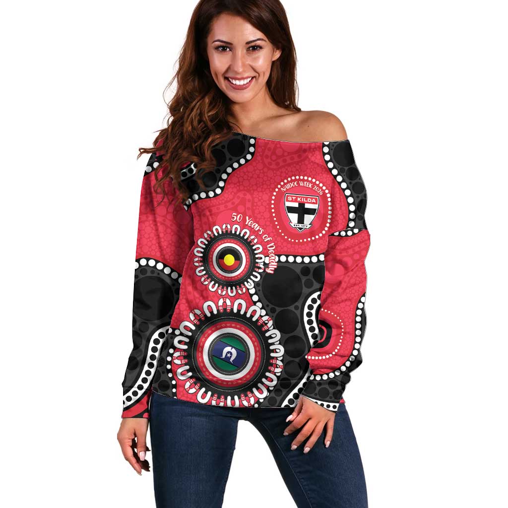 St Kilda NAIDOC 2026 Personalised Off Shoulder Sweater 50 Years of Deadly Aboriginal Art