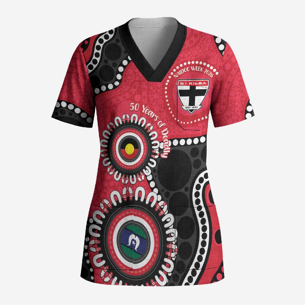 St Kilda NAIDOC 2026 Personalised Scrub Top 50 Years of Deadly Aboriginal Art