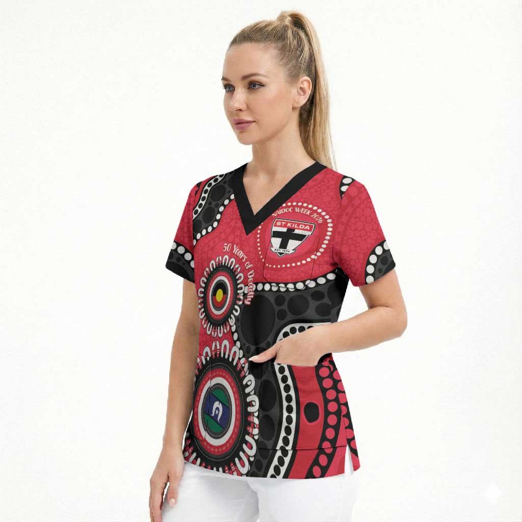 St Kilda NAIDOC 2026 Personalised Scrub Top 50 Years of Deadly Aboriginal Art