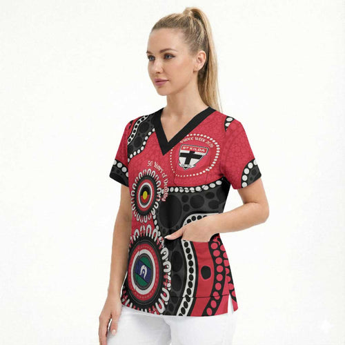 St Kilda NAIDOC 2026 Personalised Scrub Top 50 Years of Deadly Aboriginal Art