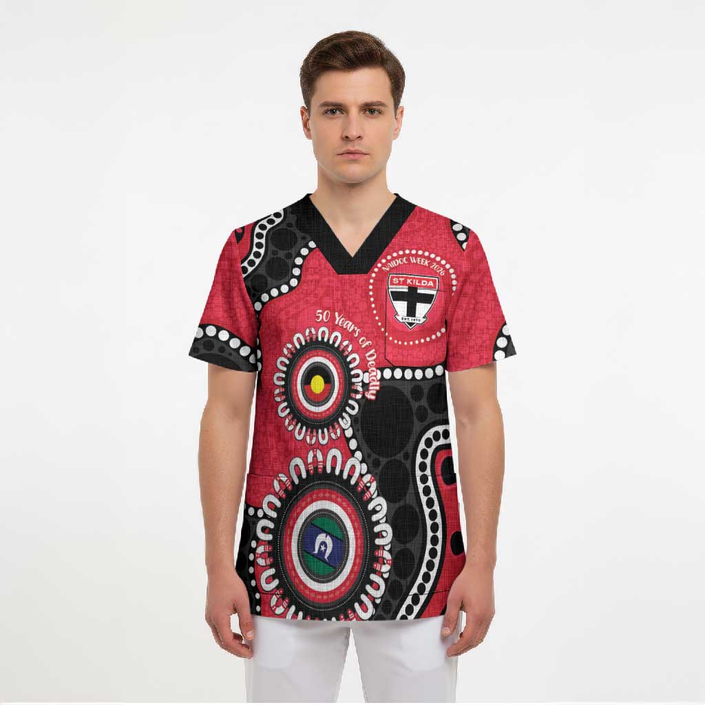 St Kilda NAIDOC 2026 Personalised Scrub Top 50 Years of Deadly Aboriginal Art