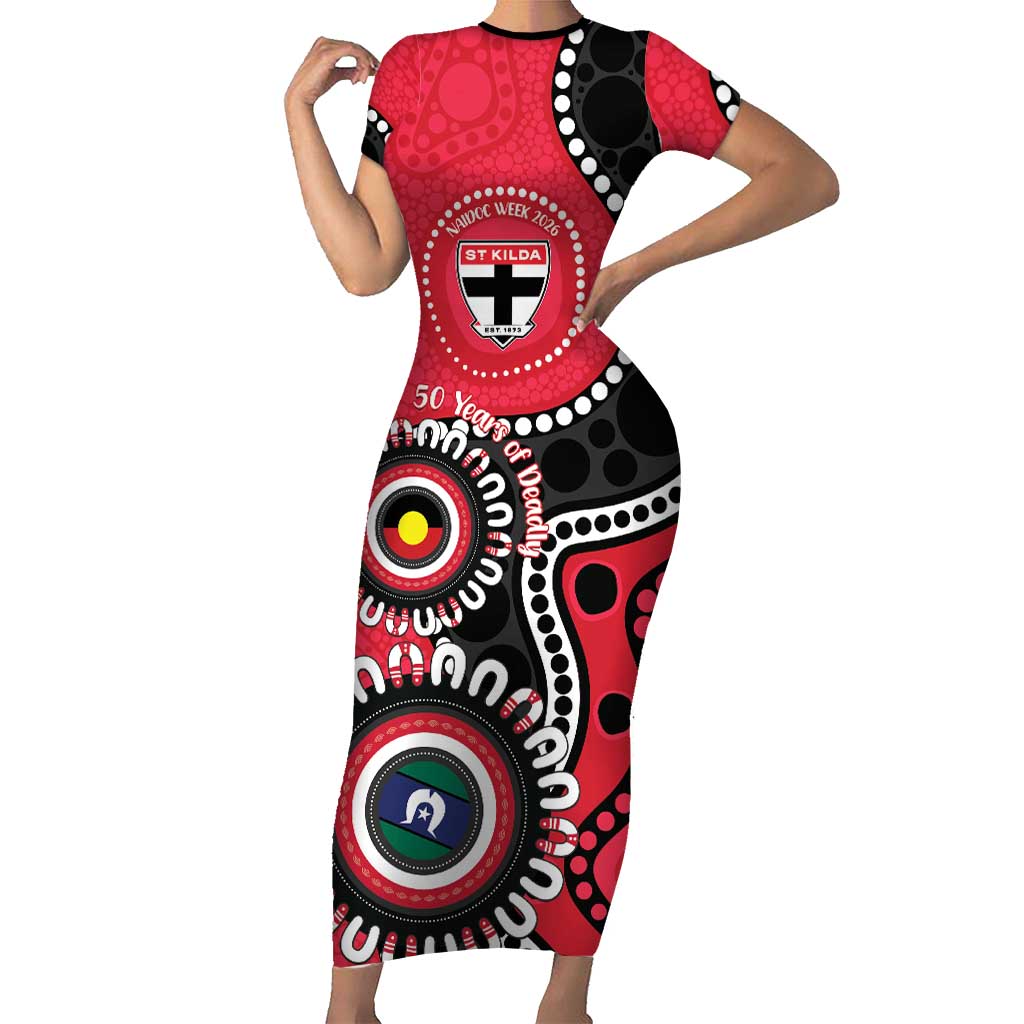 St Kilda NAIDOC 2026 Personalised Short Sleeve Bodycon Dress 50 Years of Deadly Aboriginal Art