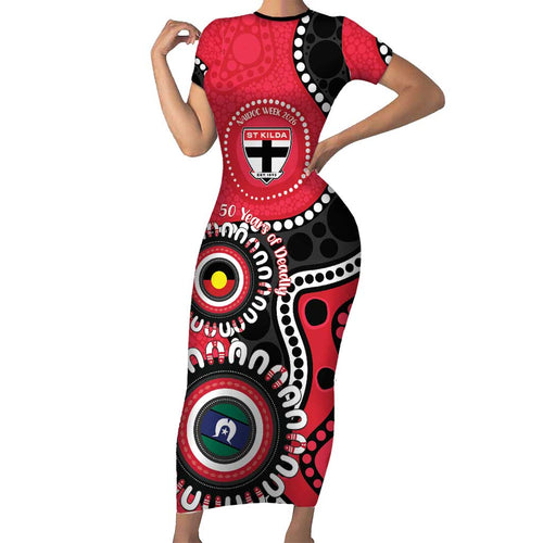 St Kilda NAIDOC 2026 Personalised Short Sleeve Bodycon Dress 50 Years of Deadly Aboriginal Art