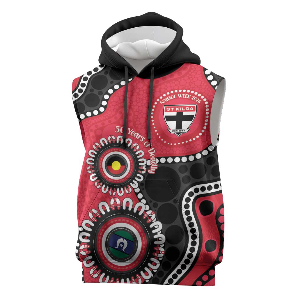 St Kilda NAIDOC 2026 Personalised Sleeveless Hoodie 50 Years of Deadly Aboriginal Art