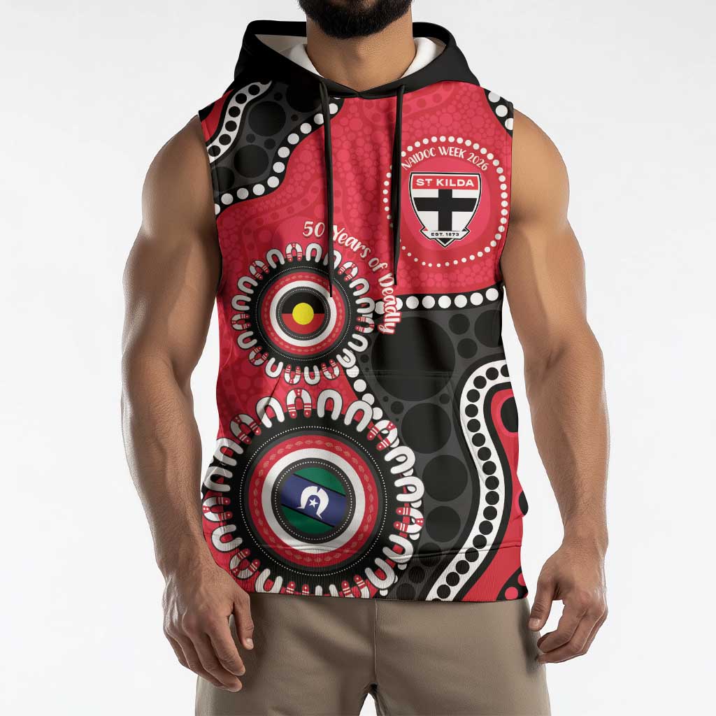 St Kilda NAIDOC 2026 Personalised Sleeveless Hoodie 50 Years of Deadly Aboriginal Art