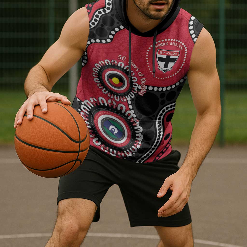 St Kilda NAIDOC 2026 Personalised Sleeveless Hoodie 50 Years of Deadly Aboriginal Art