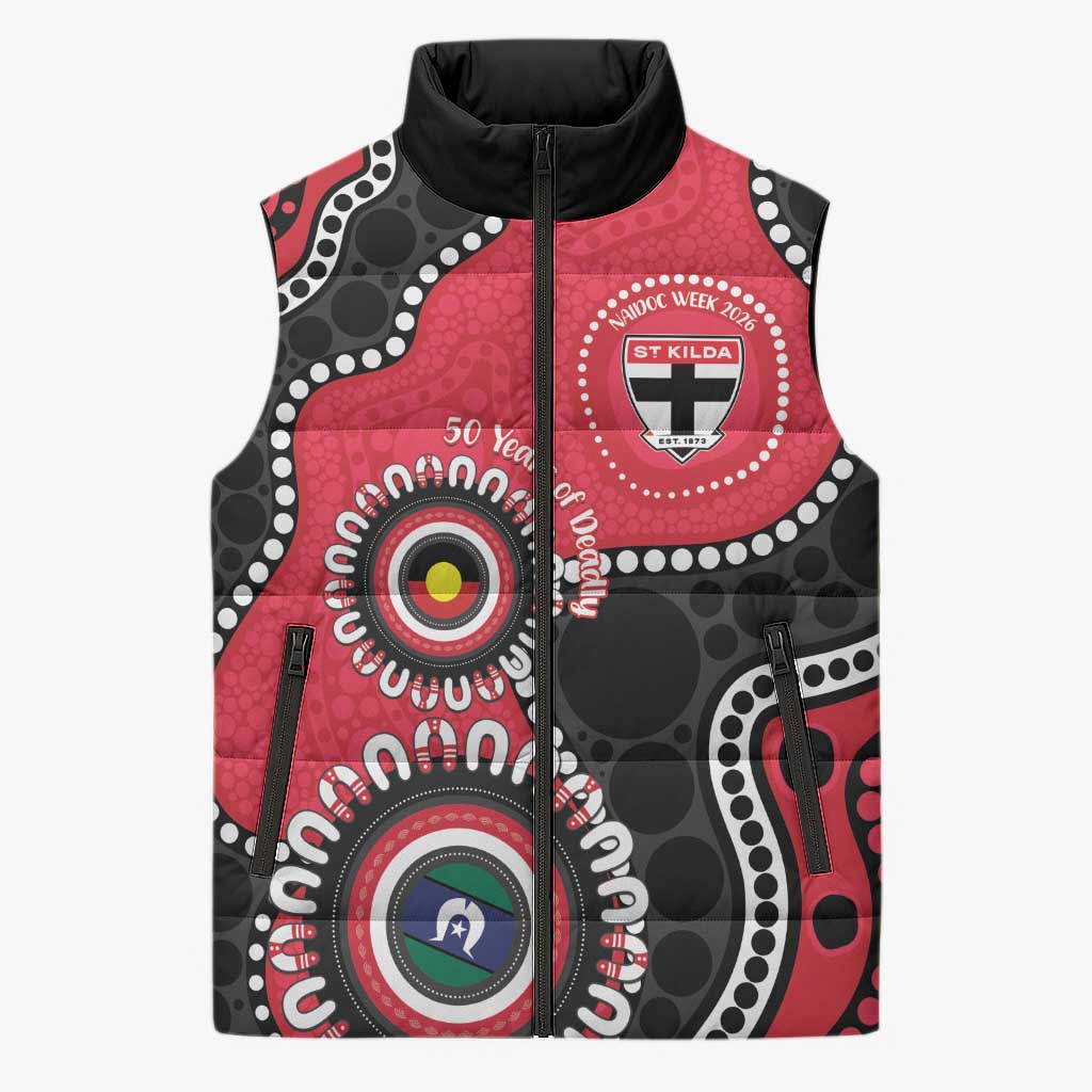St Kilda NAIDOC 2026 Personalised Sleeveless Puffer Jacket 50 Years of Deadly Aboriginal Art