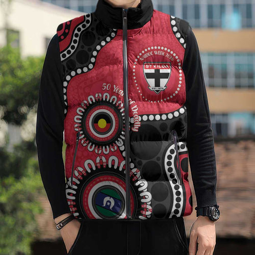 St Kilda NAIDOC 2026 Personalised Sleeveless Puffer Jacket 50 Years of Deadly Aboriginal Art