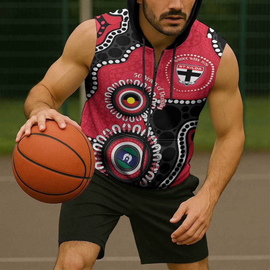 St Kilda NAIDOC 2026 Personalised Sleeveless Zip Hoodie 50 Years of Deadly Aboriginal Art