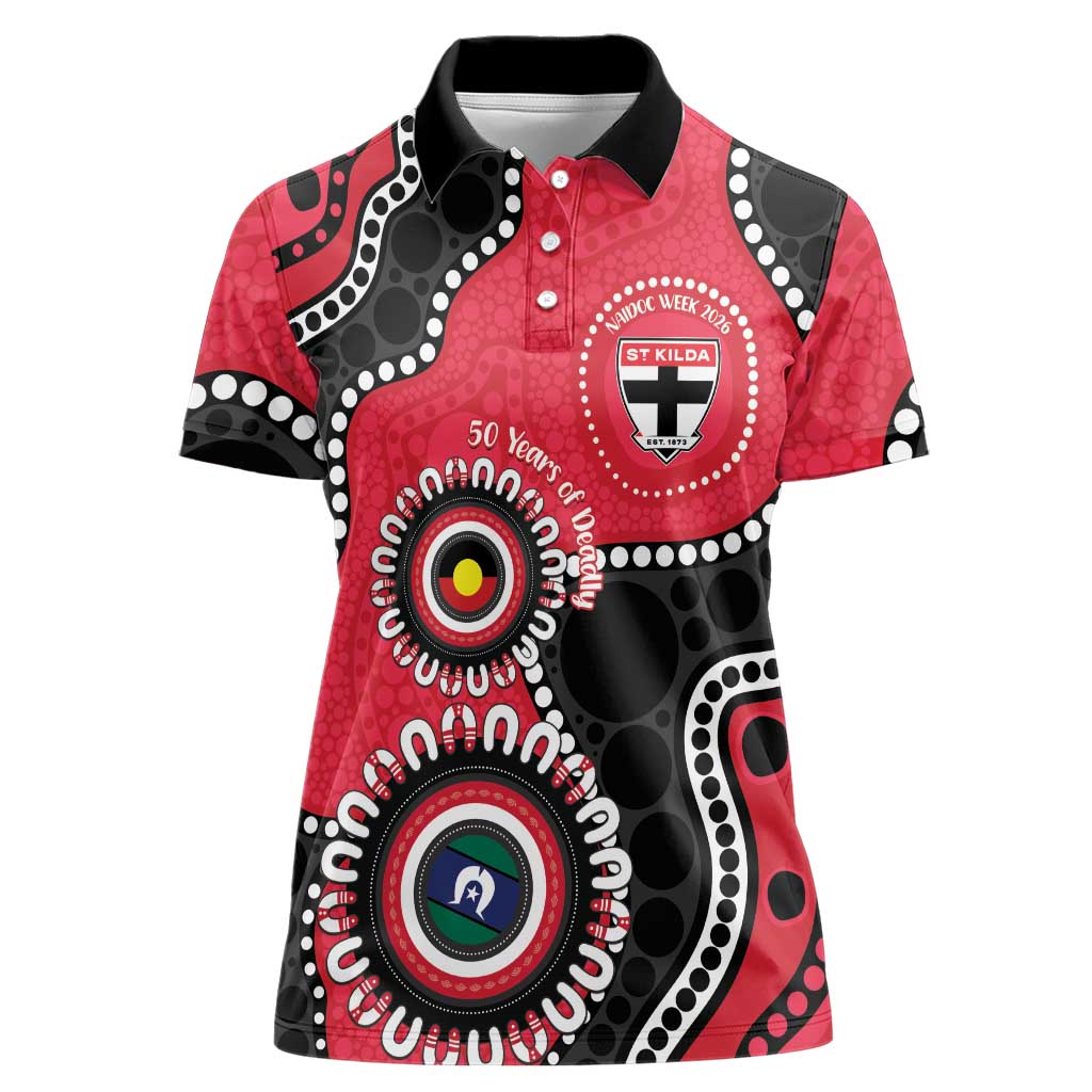 St Kilda NAIDOC 2026 Personalised Women Polo Shirt 50 Years of Deadly Aboriginal Art
