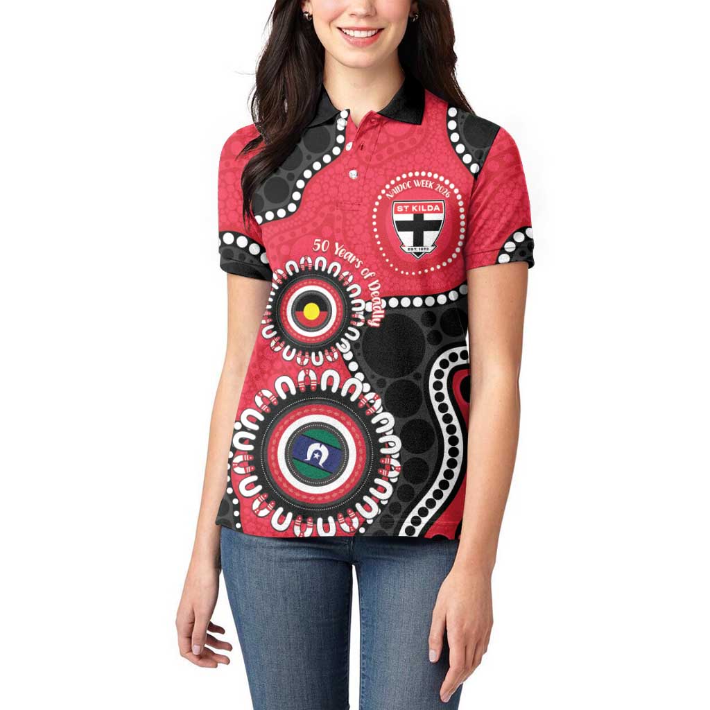 St Kilda NAIDOC 2026 Personalised Women Polo Shirt 50 Years of Deadly Aboriginal Art