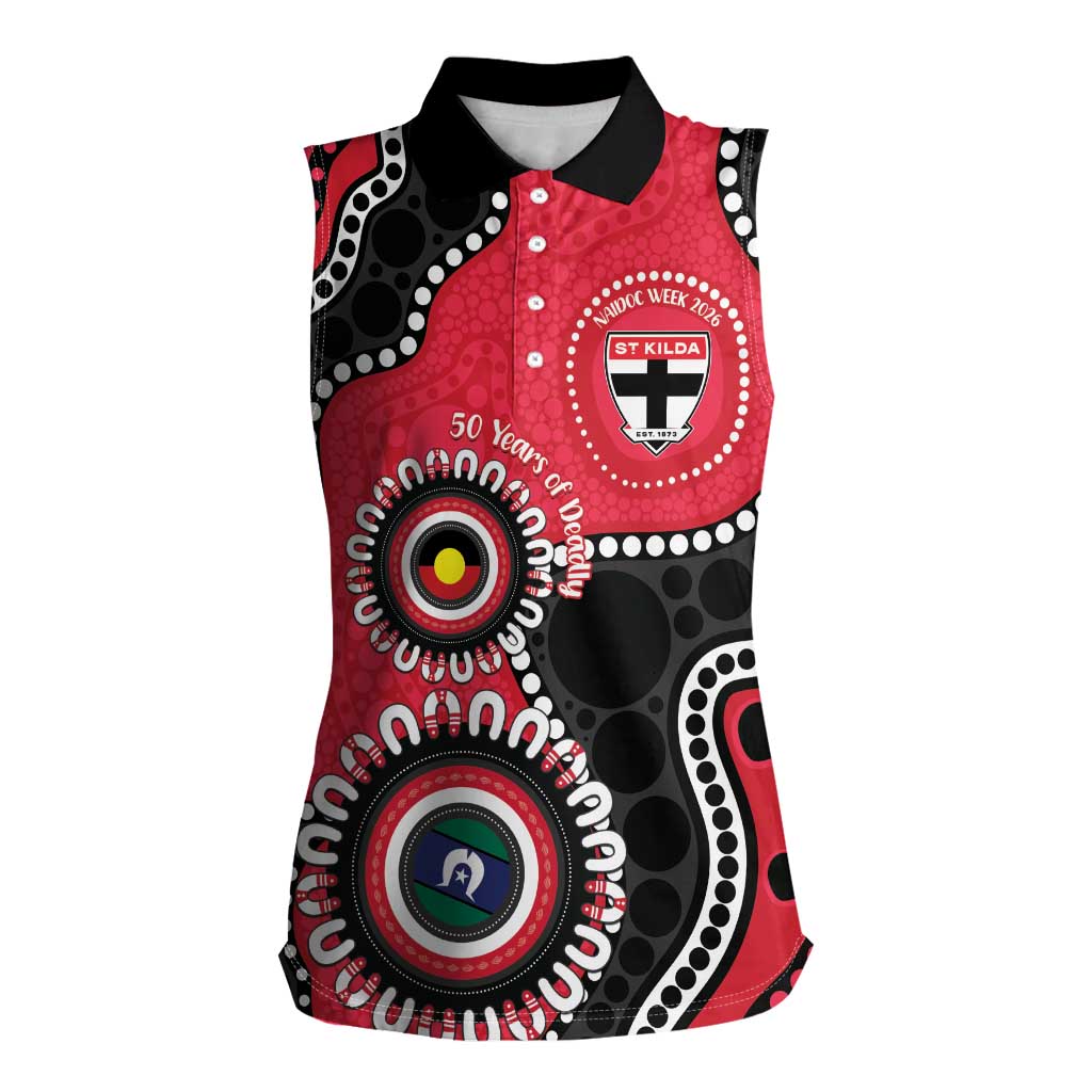 St Kilda NAIDOC 2026 Personalised Women Sleeveless Polo Shirt 50 Years of Deadly Aboriginal Art