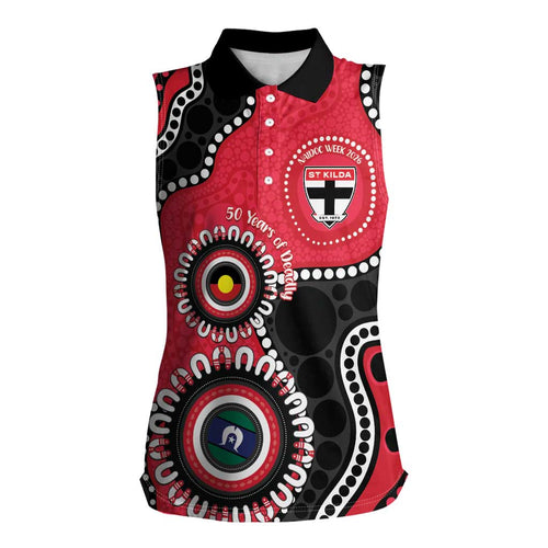 St Kilda NAIDOC 2026 Personalised Women Sleeveless Polo Shirt 50 Years of Deadly Aboriginal Art