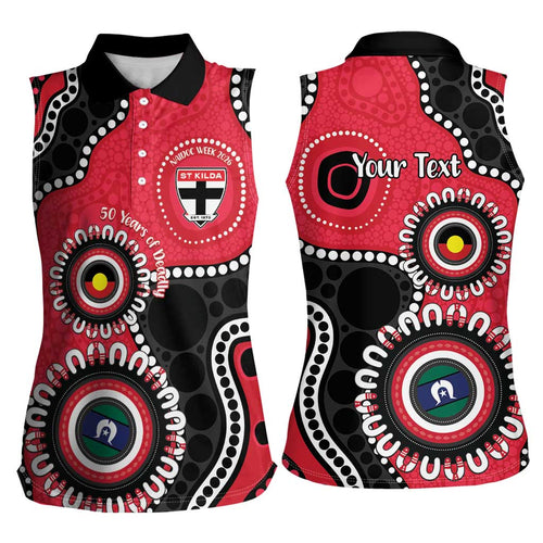 St Kilda NAIDOC 2026 Personalised Women Sleeveless Polo Shirt 50 Years of Deadly Aboriginal Art