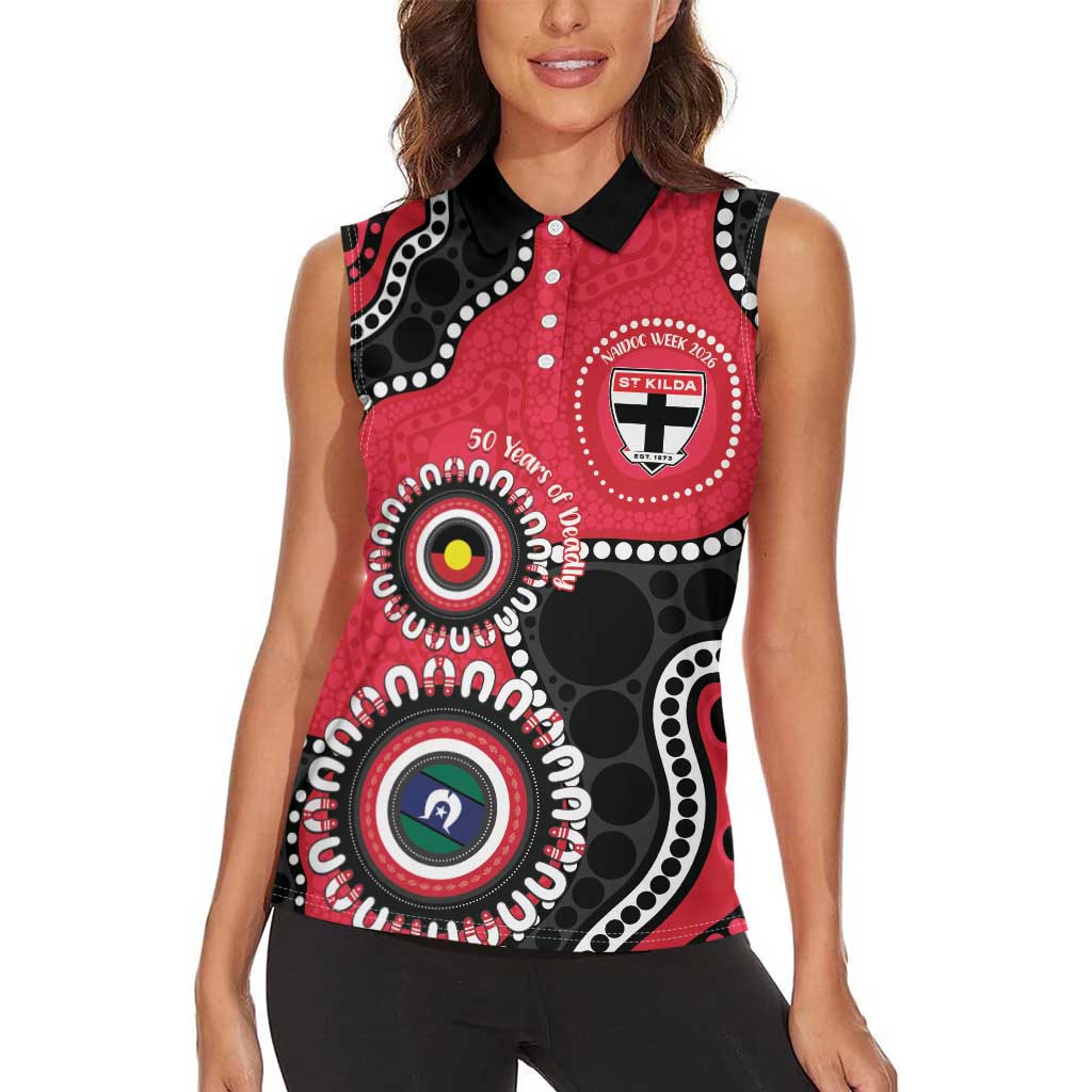 St Kilda NAIDOC 2026 Personalised Women Sleeveless Polo Shirt 50 Years of Deadly Aboriginal Art