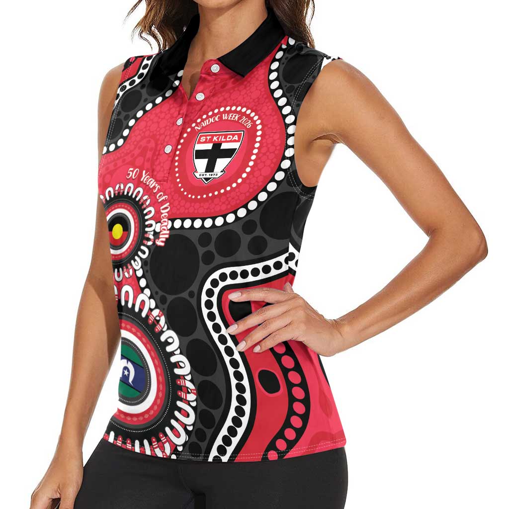 St Kilda NAIDOC 2026 Personalised Women Sleeveless Polo Shirt 50 Years of Deadly Aboriginal Art