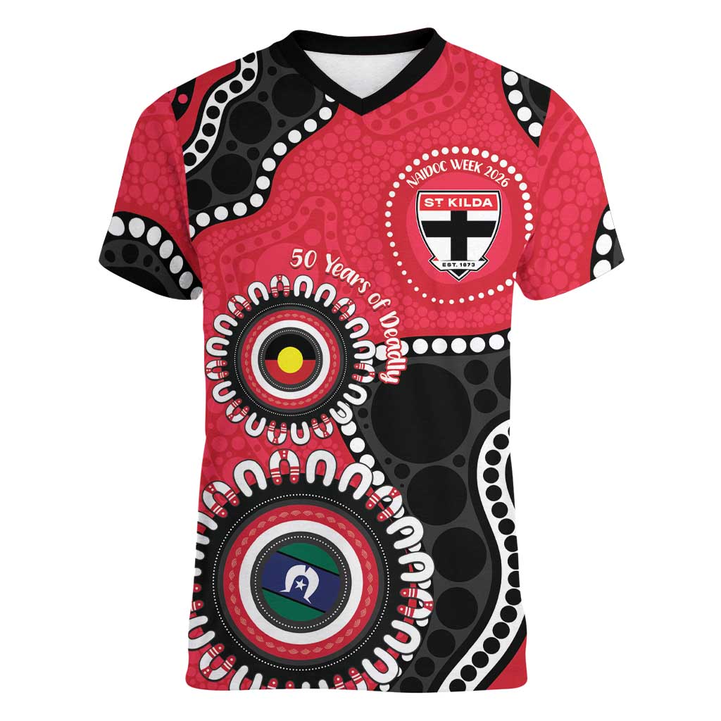 St Kilda NAIDOC 2026 Personalised Women V-Neck T-Shirt 50 Years of Deadly Aboriginal Art