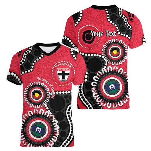 St Kilda NAIDOC 2026 Personalised Women V-Neck T-Shirt 50 Years of Deadly Aboriginal Art