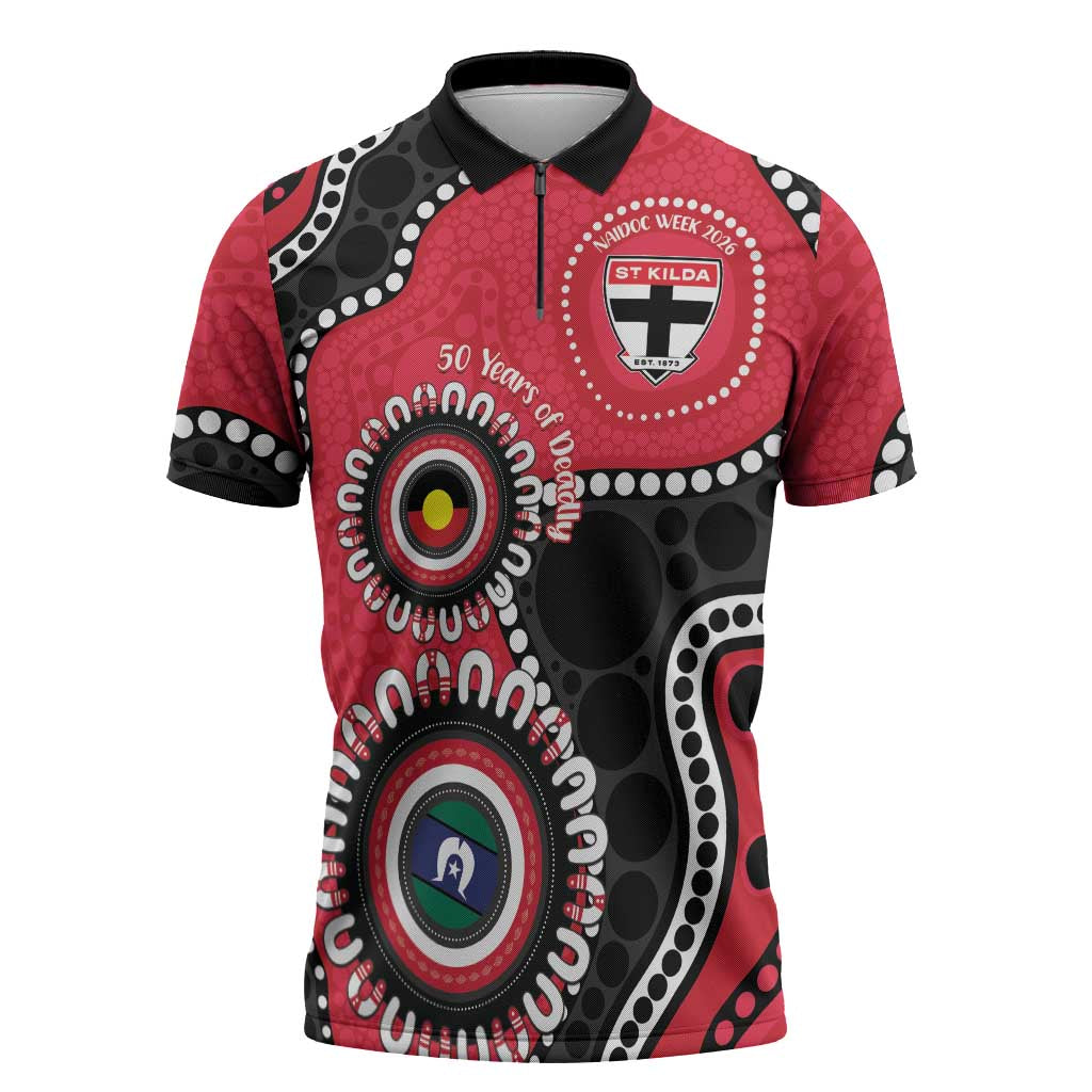 St Kilda NAIDOC 2026 Personalised Zipper Polo Shirt 50 Years of Deadly Aboriginal Art