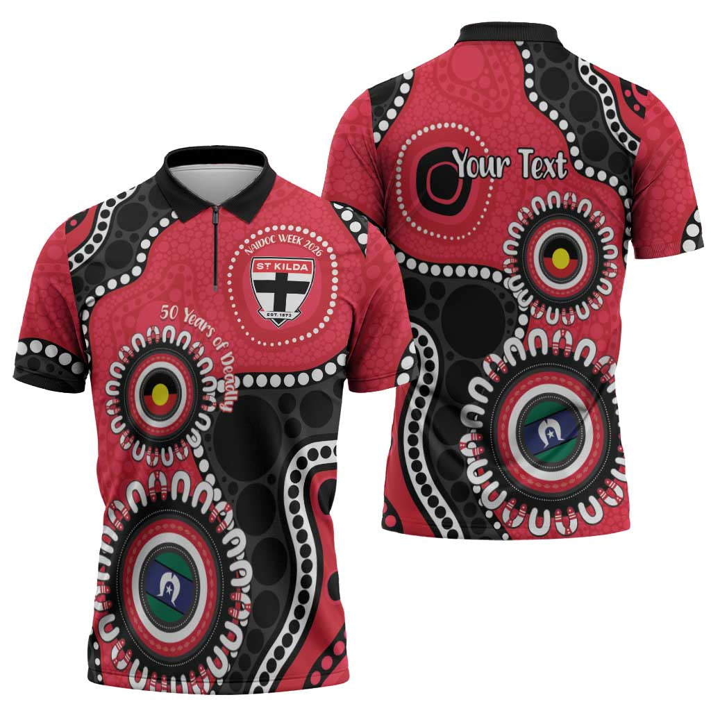 St Kilda NAIDOC 2026 Personalised Zipper Polo Shirt 50 Years of Deadly Aboriginal Art