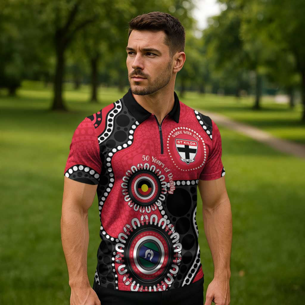St Kilda NAIDOC 2026 Personalised Zipper Polo Shirt 50 Years of Deadly Aboriginal Art