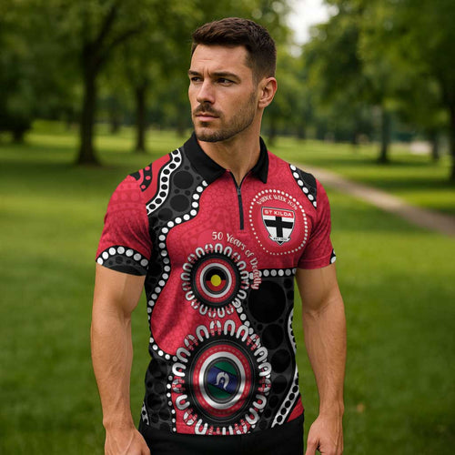 St Kilda NAIDOC 2026 Personalised Zipper Polo Shirt 50 Years of Deadly Aboriginal Art