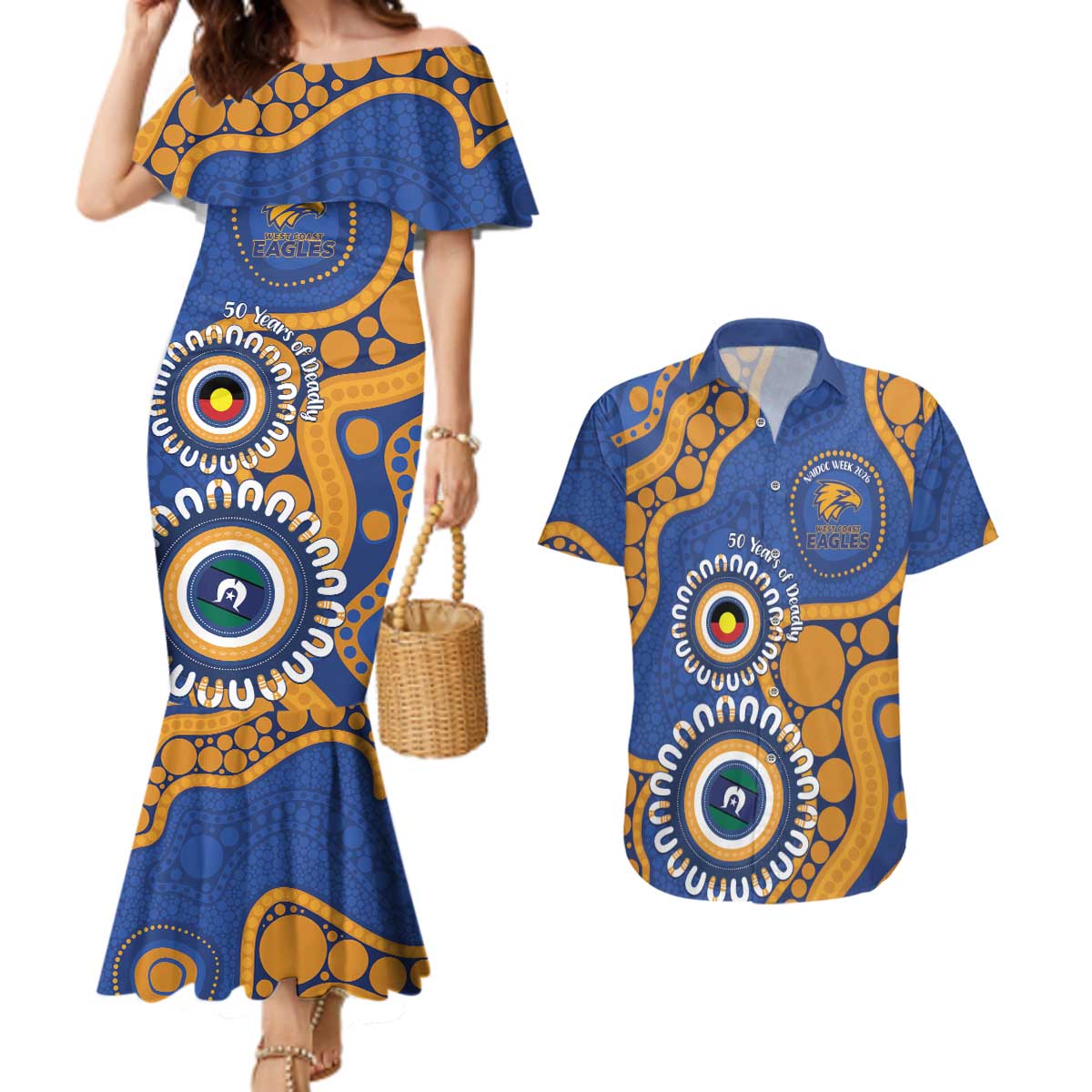 Eagles NAIDOC 2026 Personalised Couples Matching Mermaid Dress and Hawaiian Shirt 50 Years of Deadly Aboriginal Art