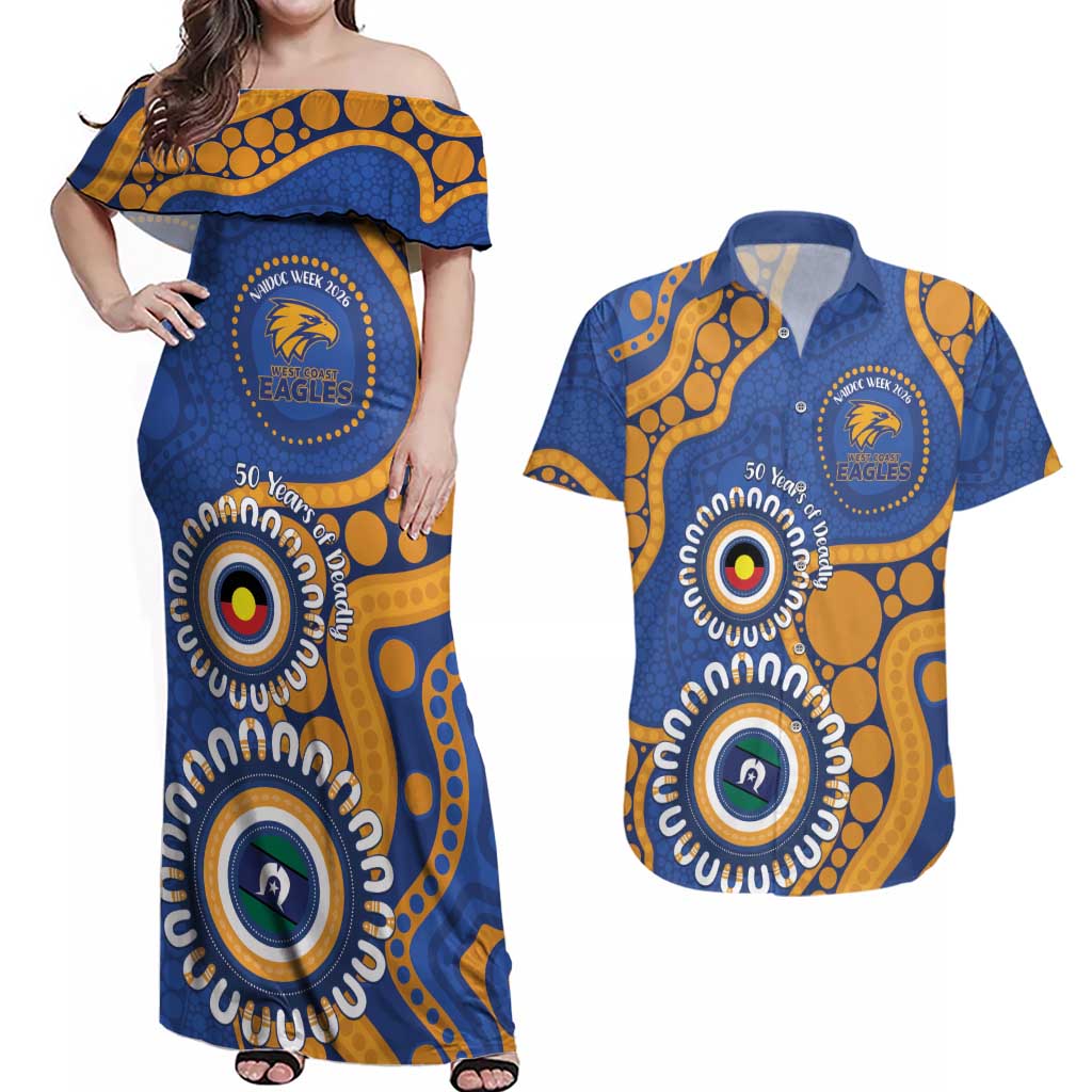 Eagles NAIDOC 2026 Personalised Couples Matching Off Shoulder Maxi Dress and Hawaiian Shirt 50 Years of Deadly Aboriginal Art