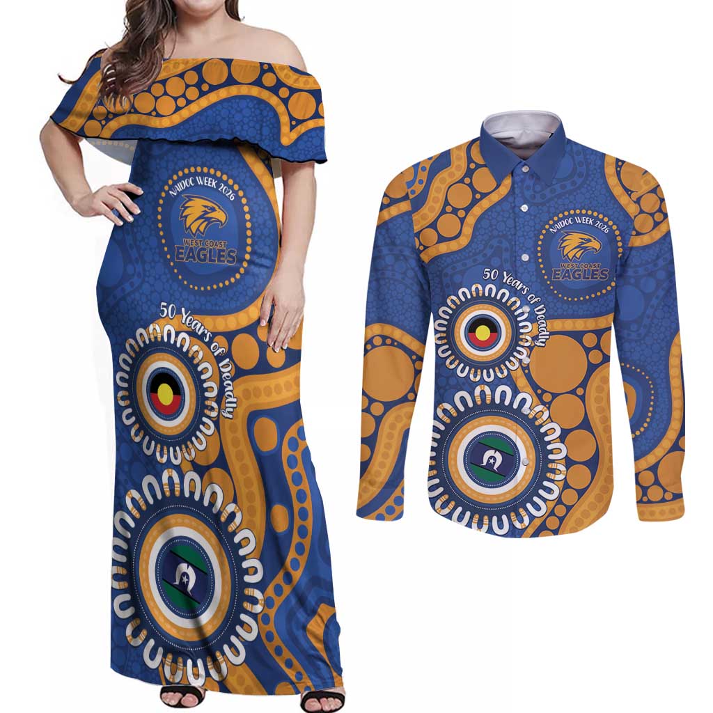 Eagles NAIDOC 2026 Personalised Couples Matching Off Shoulder Maxi Dress and Long Sleeve Button Shirt 50 Years of Deadly Aboriginal Art