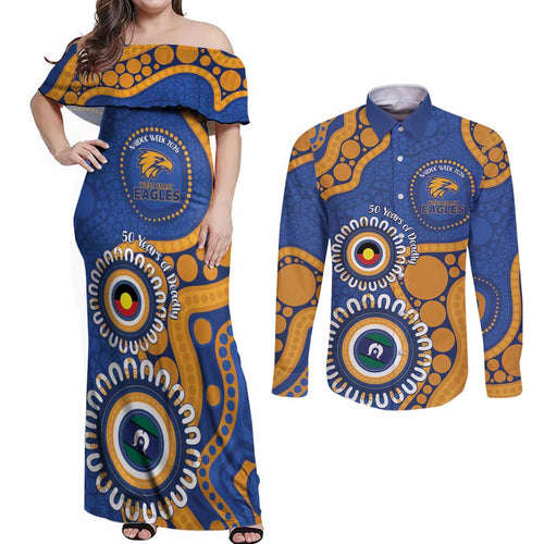 Eagles NAIDOC 2026 Personalised Couples Matching Off Shoulder Maxi Dress and Long Sleeve Button Shirt 50 Years of Deadly Aboriginal Art