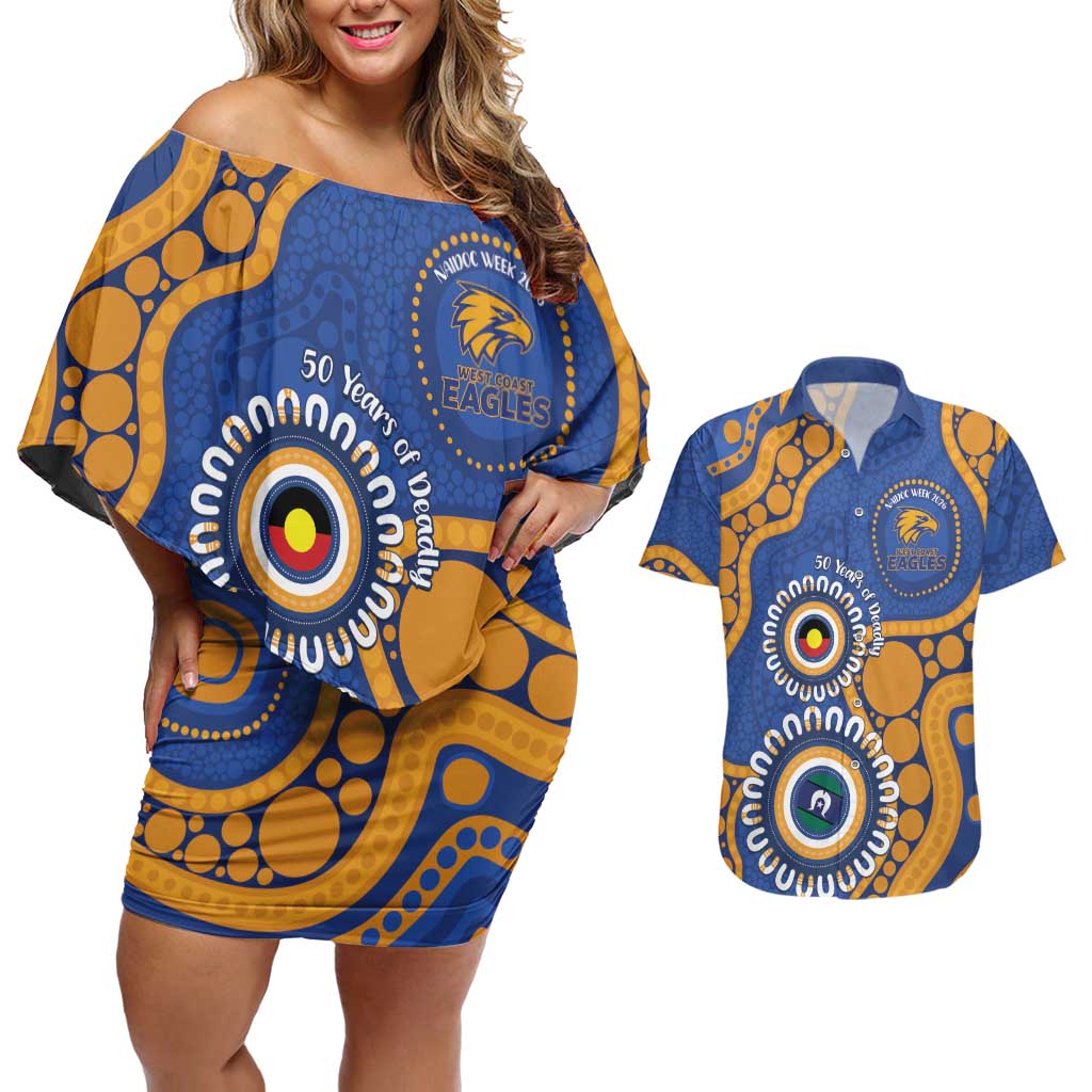 Eagles NAIDOC 2026 Personalised Couples Matching Off Shoulder Short Dress and Hawaiian Shirt 50 Years of Deadly Aboriginal Art