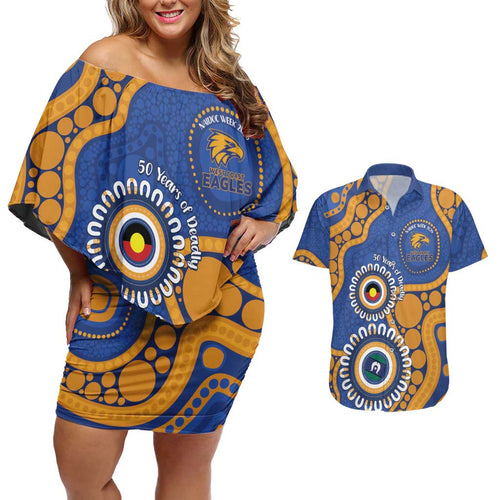 Eagles NAIDOC 2026 Personalised Couples Matching Off Shoulder Short Dress and Hawaiian Shirt 50 Years of Deadly Aboriginal Art