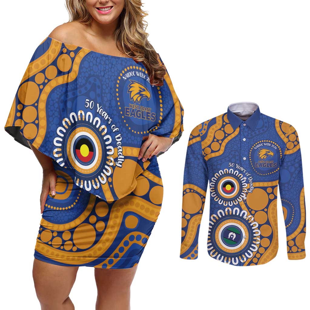 Eagles NAIDOC 2026 Personalised Couples Matching Off Shoulder Short Dress and Long Sleeve Button Shirt 50 Years of Deadly Aboriginal Art