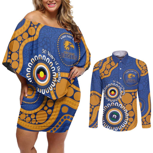 Eagles NAIDOC 2026 Personalised Couples Matching Off Shoulder Short Dress and Long Sleeve Button Shirt 50 Years of Deadly Aboriginal Art