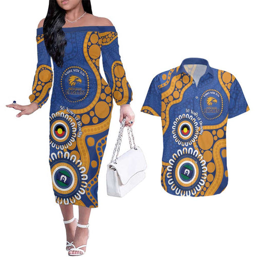 Eagles NAIDOC 2026 Personalised Couples Matching Off The Shoulder Long Sleeve Dress and Hawaiian Shirt 50 Years of Deadly Aboriginal Art