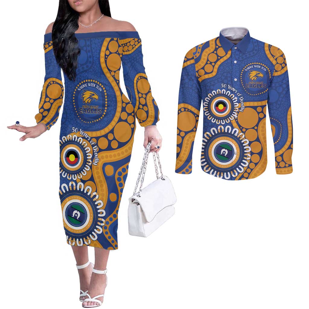 Eagles NAIDOC 2026 Personalised Couples Matching Off The Shoulder Long Sleeve Dress and Long Sleeve Button Shirt 50 Years of Deadly Aboriginal Art