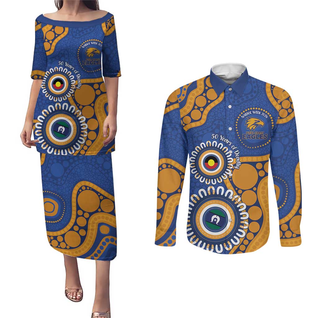 Eagles NAIDOC 2026 Personalised Couples Matching Puletasi and Long Sleeve Button Shirt 50 Years of Deadly Aboriginal Art