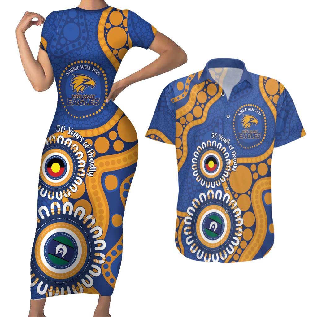 Eagles NAIDOC 2026 Personalised Couples Matching Short Sleeve Bodycon Dress and Hawaiian Shirt 50 Years of Deadly Aboriginal Art